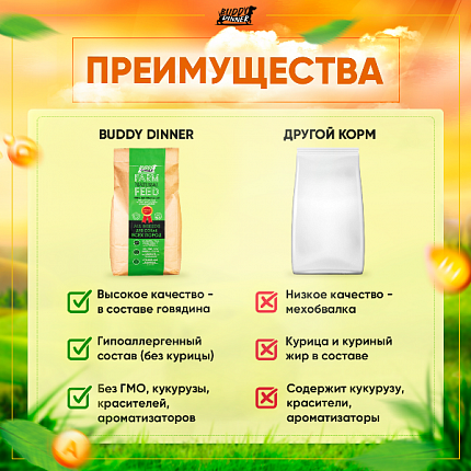 Корм для собак мелких пород Buddy Dinner Eco Line с говядиной, 3 кг + 1 кг